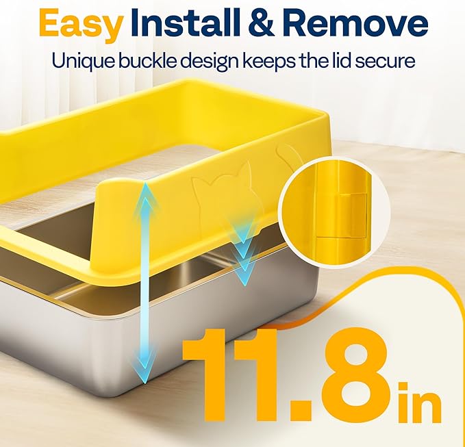 VIVOHOME XL Stainless Steel Cat Litter Box with Lid, Extra Large Litter Pan with High Sides, Easy Clean, Include Double Layer Litter Mat and Scoop, Yellow