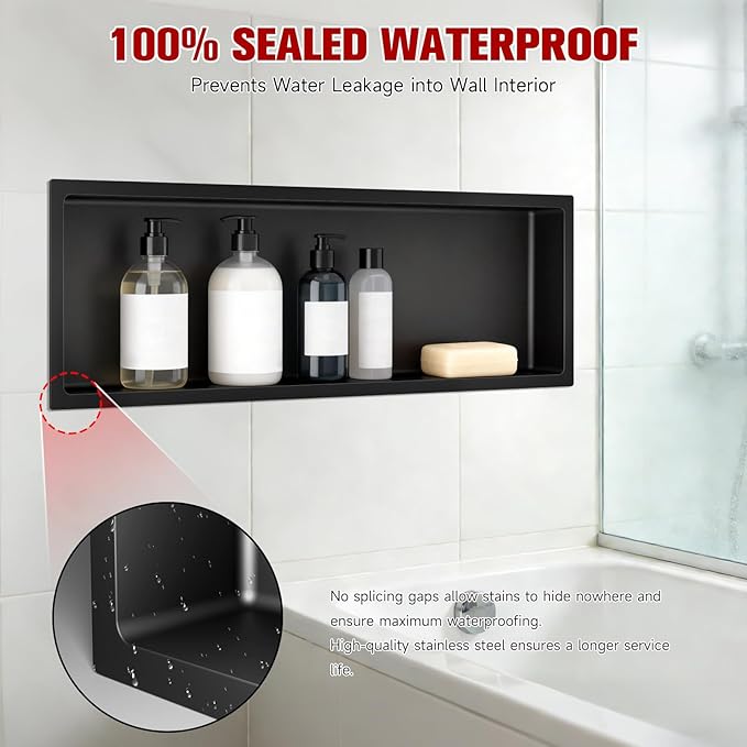 No Tile Needed Shower Niche 12"X 36", Bathroom Wall Niche Single Shelf, Stainless Steel Shower Niche for Bathroom, Kitchens, Balconies