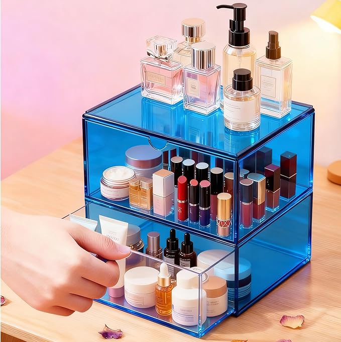 Acrylic Desk Organizer with Drawers Stackable Makeup Organizer for Vanity Office Countertop Cosmetic Display Cases Makeup Storage Box, Sky Blue