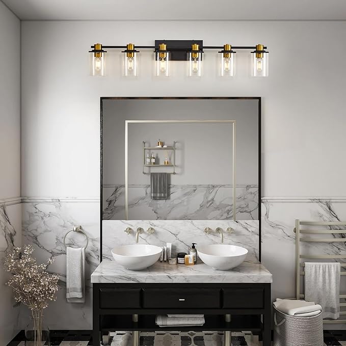 Bathroom Vanity Light, 6 Light Black and Gold Bathroom Light Fixtures, Sconces Wall Lighting with Clear Glass Shade, Modern Brushed Gold Vanity Lighting fixtures for Bathroom, Bedroom, Hallway