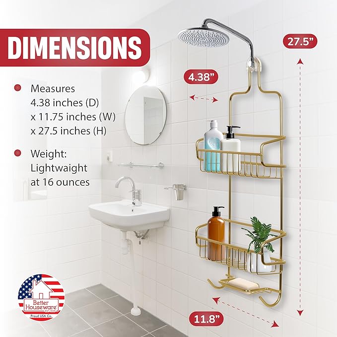 Better Houseware Shower Caddy - Shower Organizer Shelves with Hooks, Rustproof Shower Storage Rack for Shampoo, Conditioner, Soap, Bath Sponge - Gold (Caddy + Soap Holder)