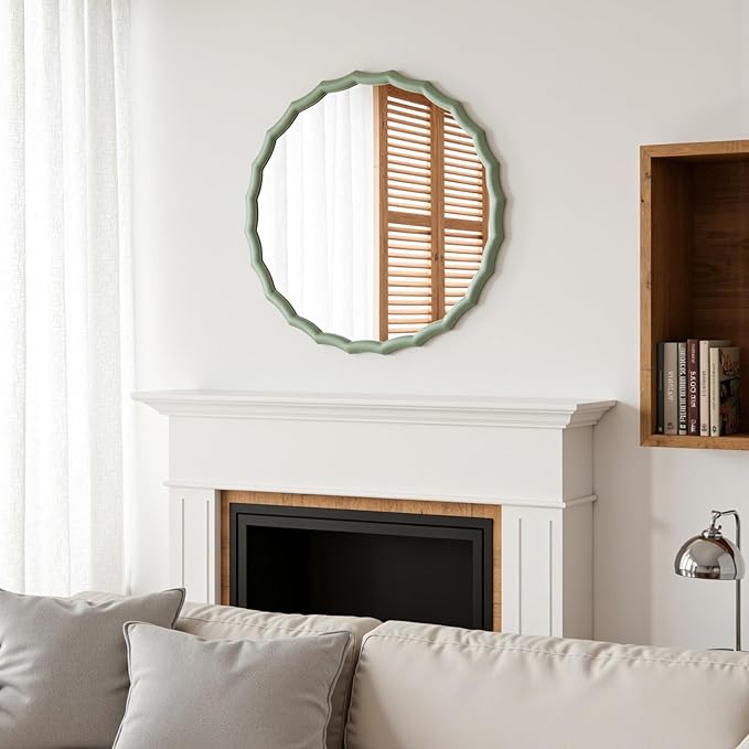 24" Green Scalloped Circle Mirror, Round Wavy Edge Mirror, Farmhouse Wood Frame Vanity Mirror Decorative for Bathroom Bedroom Living Room Home House Office Entryway