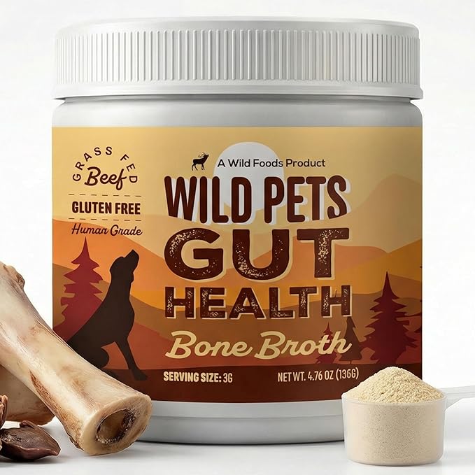 Wild Foods Dog Bone Broth Powder – 100% Natural & 4.76oz US Made Bone Broth for Dogs Support Digestion, Gut & Joint Health – Non Fillers Rich in Gelatin, Glutamine & Proline