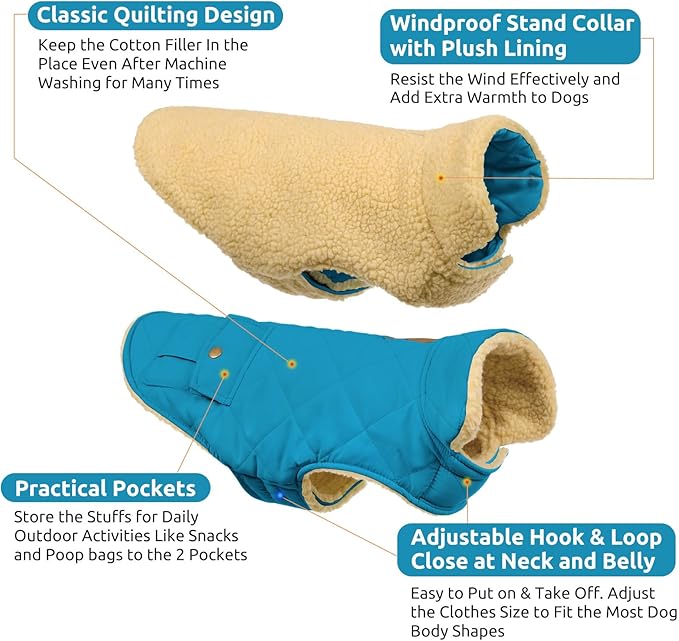 Queenmore Dog Winter Coat Warm Puffer Jacket Waterproof Plush Lining Thermal Cold Weather Vest for Small Medium Large Dogs, Windproof Easy On Pet Jacket Blue S