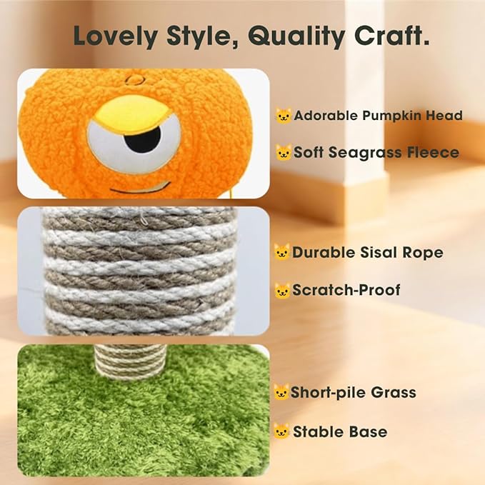 Pumpkin Cat Scratching Post for Kittens – Soft Velvet Base, Play Ball, Stable & Durable, Premium Jute Wrapping Non-Shedding Jute 30 * 30 * 60cm