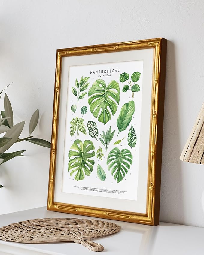 Pantropical Botanical Gold Bamboo-Textured Framed Wall Art, Nature-Inspired 11x14 Inch Tropical Greenery & Monstera Leaf Plants Canvas Print, Modern Room Home Office Decor for Bathroom Bedroom
