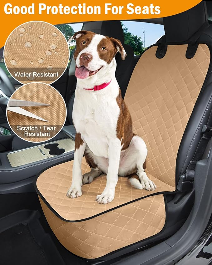 Dog Car Seat Covers Waterproof, Scratch-Proof Pet Front Cover for Cars, Nonslip Pet Passenger Seat Cover Protector, Universal Fit for Cars Trucks SUVs, Medium, Khaki