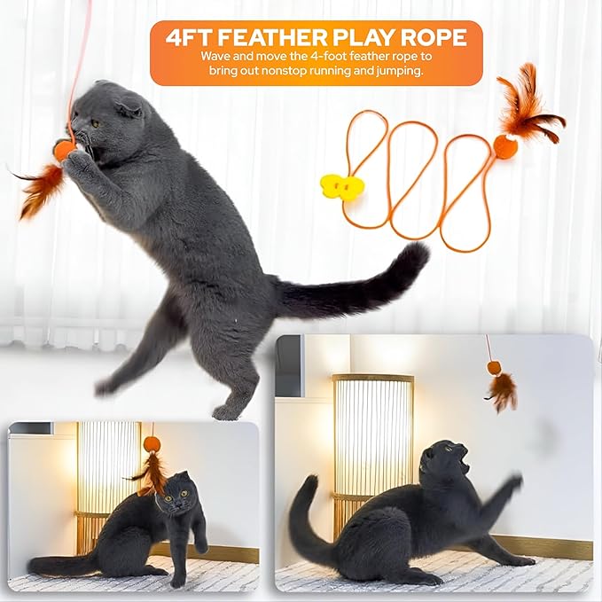 Spiral Cat Toy Set – 5-in-1 Interactive Indoor Cat Toys with 3-Way Tunnel, Feather Wand, Ribbon Teaser & Suction Cup for Active Cats