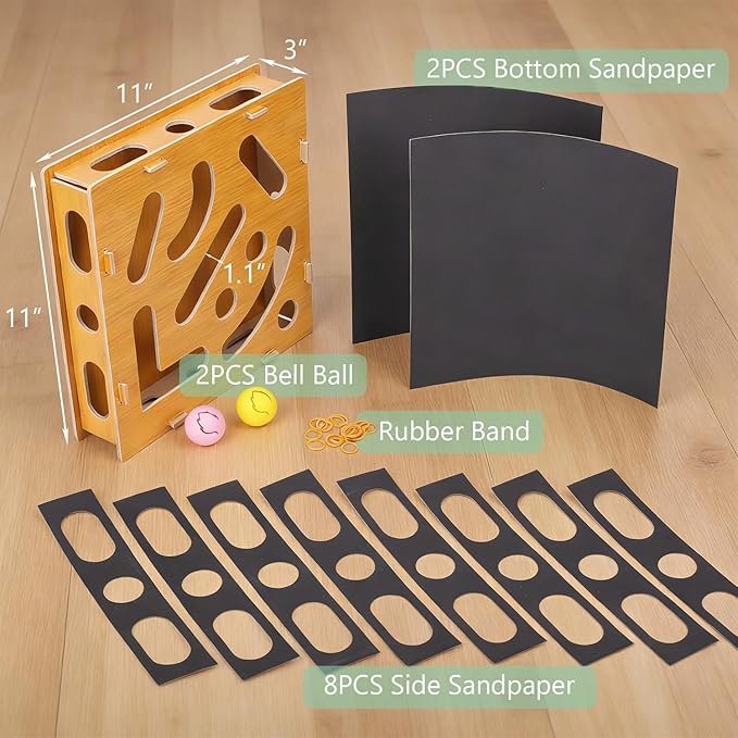 MDF Cat Nail File Enrichment Box, Scratch Puzzle with Sandpaper Surface, Stress-Free Nail Care Alternative, Interactive Maze Scratcher with Bell Ball for Indoor Cats