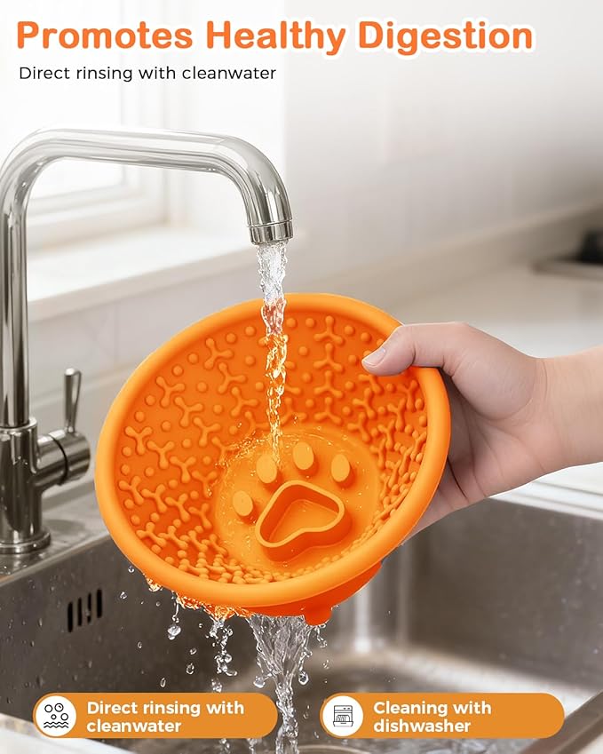 Dog Slow Feeder Lick Bowl to Prevent Fast Eating, Steel Reinforced Rim, Non-Slip Suction Base, BPA-Free Silicone, Dishwasher & Freezer Safe, Helps Extend Mealtime & Keep Dogs Calm(Orange)