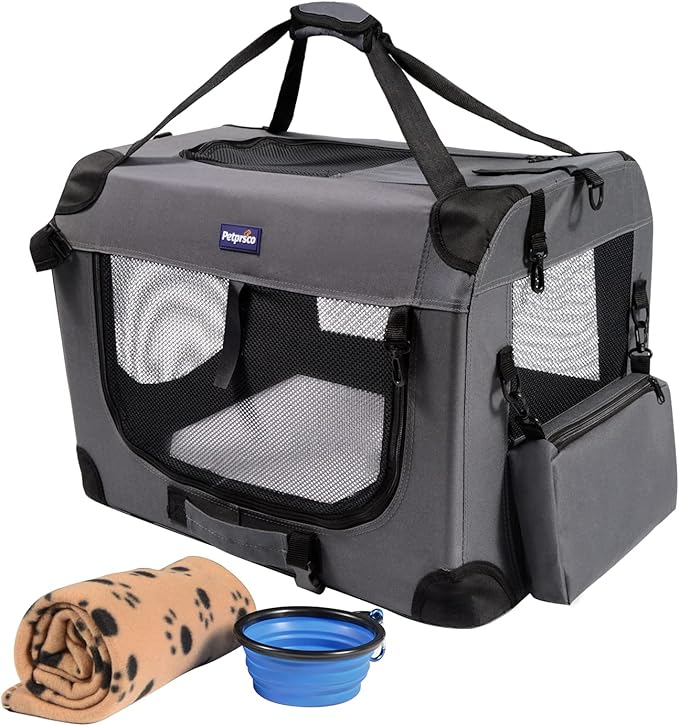 Petprsco Portable Collapsible Dog Crate, Travel Dog Crate 24x17x17 with Soft Warm Blanket and Foldable Bowl for Large Cats & Small Dogs Indoor and Outdoor