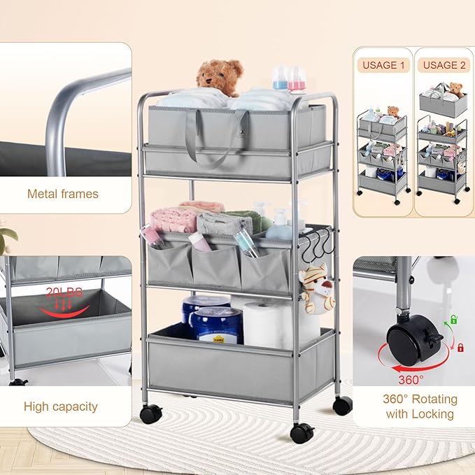 Honeydak 2in1 Baby Diaper Caddy Organizer Cart 3 Tier Large Capacity Metal Utility Bedside Rolling Cart with Divider Newborn Registry Nursery Essential Must Have Crib Bedroom Baby Shower(Gray)