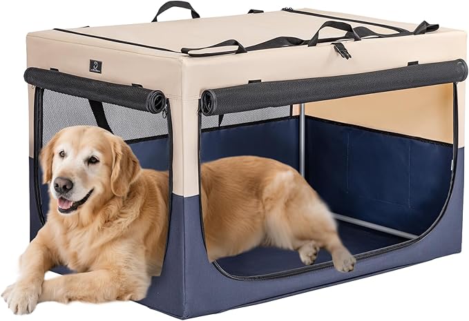 A4Pet Soft Dog Crate 40 Inch Large Portable Collapsible Pet Travel Kennel, 3-Door Lockable Zippers & Reinforced Steel Frame, Easy Setup, Mesh Panels — Ideal for SUV, Car, Camping & Home Use