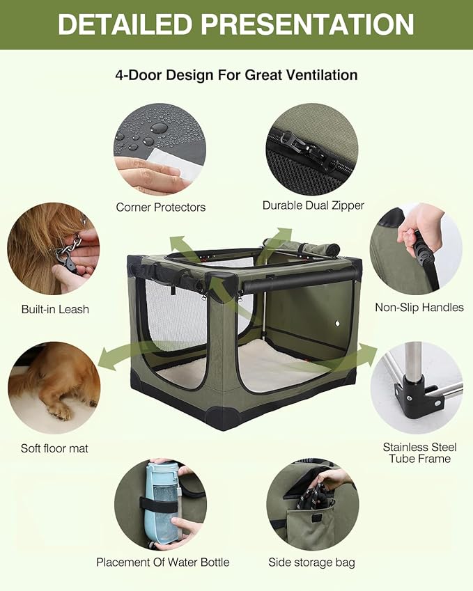 24-Inch Collapsible Travel Dog Crate, Portable 4-Door Soft Kennel for Medium to Large Dogs, Chew-Proof Mesh Windows, Indoor/Outdoor Use, Foldable, with Storage Bag (Green)