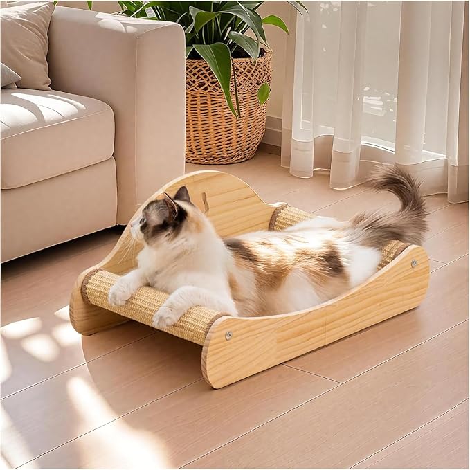 Avont Sisal Cat Scratcher Bed, Natural Solid Wood Scratch Lounger, No Mess Scratching Chair Couch for Indoor Cats -Large