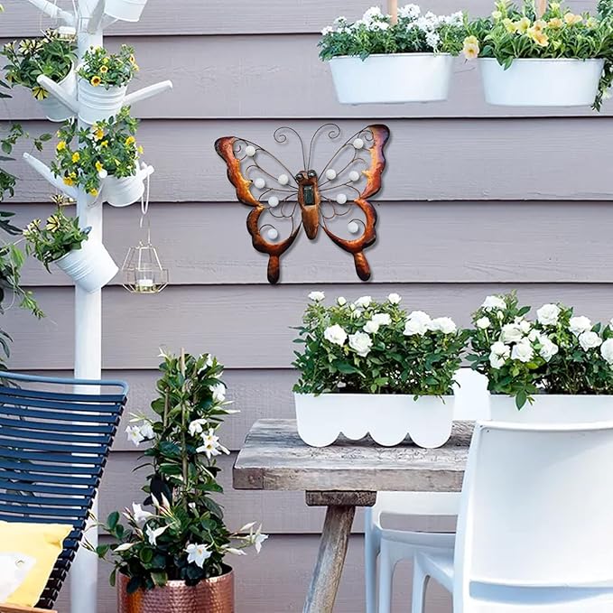 J-Fly Metal Butterfly Solar LED Light Outdoor Wall Art, Solar Butterfly Wall Hanging Outdoor Decoration, Metal Garden Fence Art Decor, 13 * 14 Inch Large Suitable for Garden Patio Fence Balcony Decor