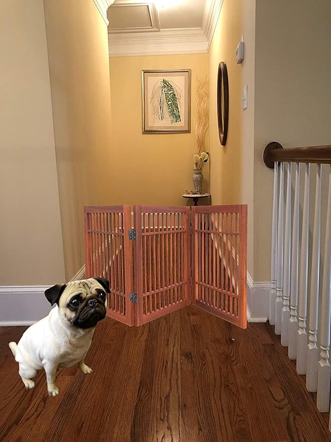 Pet Dog Gate Strong and Durable Freestanding Folding Acacia Hardwood Portable Wooden Fence Indoors or Outdoors by Urnporium (Brown Pet Gate, 3 Panel 24" Tall)