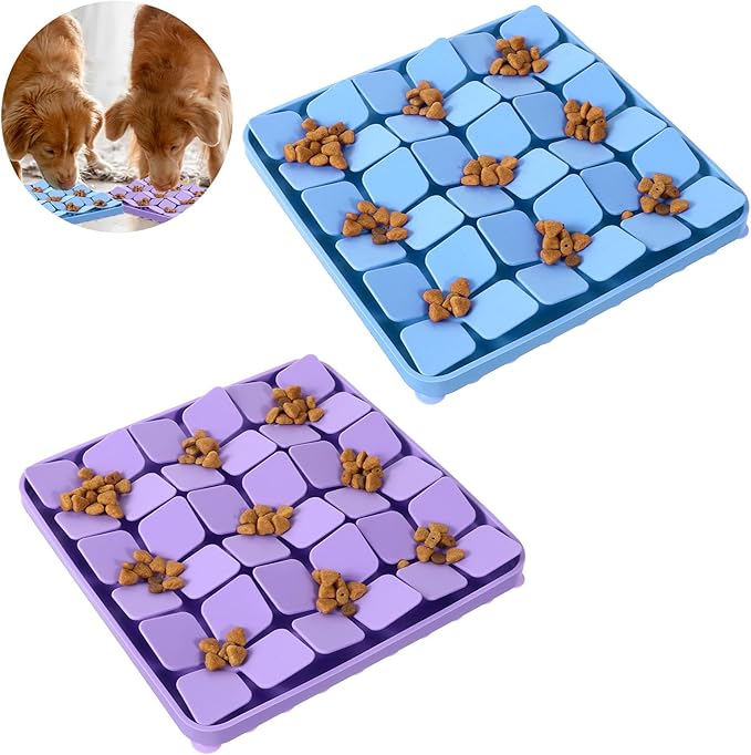 2 Pcs Silicone Snuffle Lick Mat for Dogs, 8 x 8 Inch with Suction Cups, Slow Feeder Puzzle Toy for Mental Stimulation Anxiety Relief, Blue & Purple
