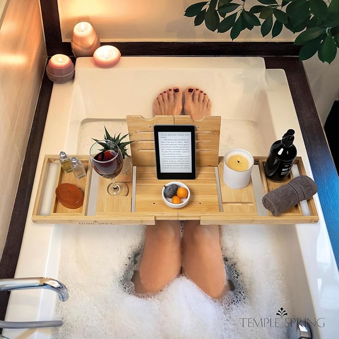 Temple Spring Foldable Bamboo Bathtub Tray Caddy for Tub — Expandable One-Piece Wood Bath Table with Wine Holder Book Stand and Non-Slip Pads — Space-Saving Bath Caddy — Housewarming