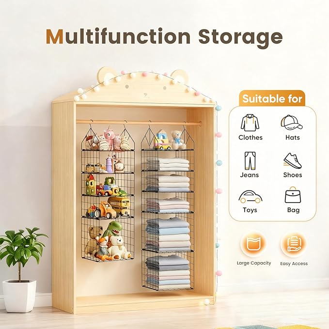 2 Pack Hanging Closet Organizer, 5 Tier Stackable Closet Organizer Foldable Closet Organizers and Storage Hanging Shelves with Hanging Hooks for Closet Clothing Sweaters Pants Shoes Handbags