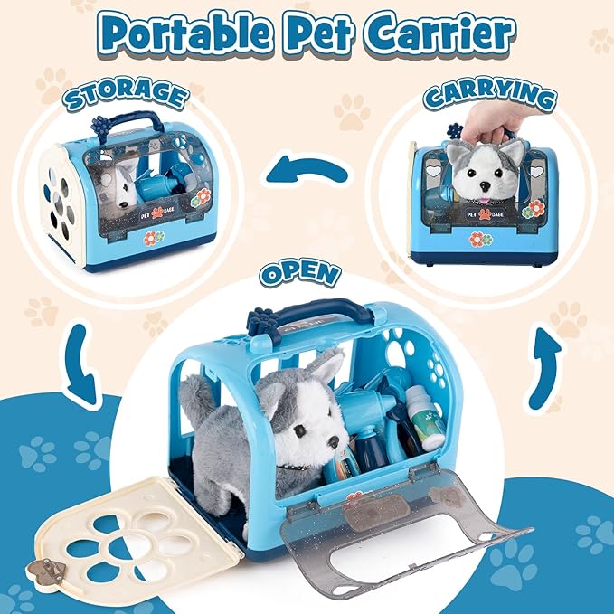 22Pcs Dog Toys for Kids Vet Doctor Kit,Walking Barking Electronic Interactive Husky Dog Toy,Veterinarian Playset for Kids,Pretend Play Birthday Gift Preschool Toy for Boys Toddlers 3 4 5 6+