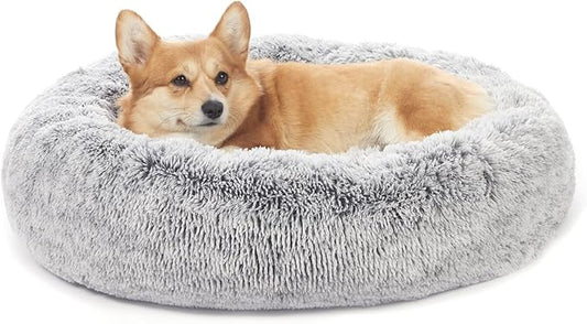 Bedfolks Calming Donut Dog Bed, 30 Inches Round Fluffy Dog Beds for Medium Dogs, Anti-Anxiety Plush Dog Bed, Machine Washable Pet Bed (Dark Grey, Medium)