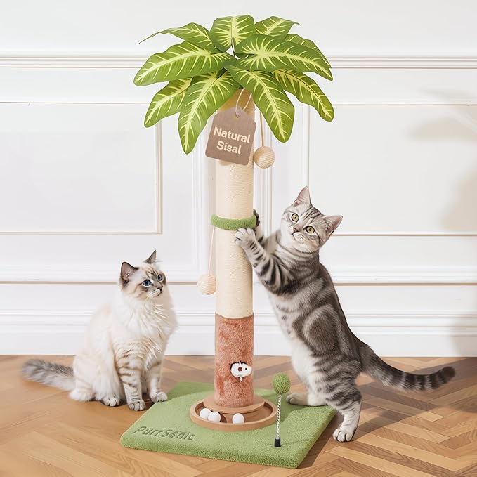 35.4" Tall Large Cat Scratching Post, Indoor Kitten Vertical Sisal Rope Scratcher Pole with Modern Aesthetic Leaf and Toy, Heavy Duty Stable Base with Multifunctional Interactive Ball Track