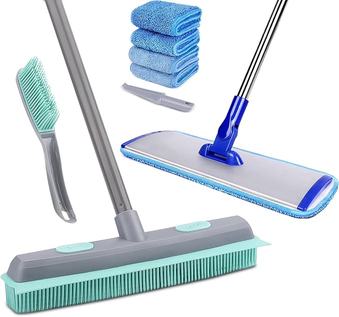 Conliwell Rubber Broom Carpet Rake for Pet Hair, Fur Remover Broom with Squeegee and 18" Professional Microfiber Mop Floor Cleaning System