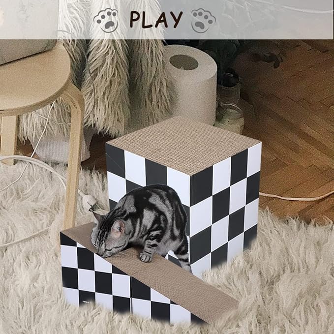 FluffyDream Cat Scratching Board with Ball, Triangle Cat Scratching Cardboard, Multiple Scratching Angles, 2-in-1 Scratching Lounge Bed, Recyclable and Durable, Furniture Protector, Black and White