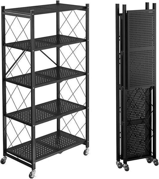 Folding Shelf Foldable Shelves with Wheels - Folding Shelves No Assembly , Collapsible Shelf Unit Display, Kitchen Organizers and Storage, Pop Up Heavy Duty Rack , 5-Tier Black 28"D x 14"W x 63"H