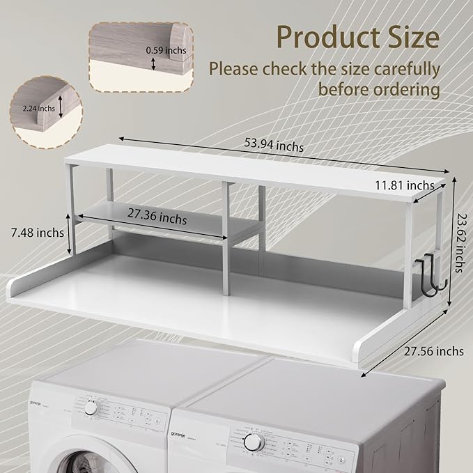 Washer and Dryer Countertop with Shelf, 2-Tier 54" x 27.5" Wood Laundry Countertop, Washer Dryer Topper with High Edge Rails and Hooks, Non-Slip Pads, Waterproof & Heat Resistant Top (White)