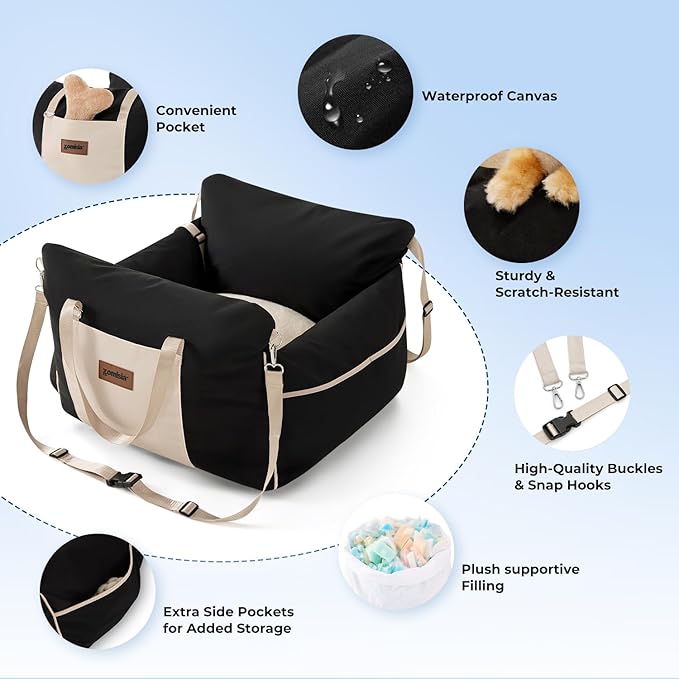 Dog Car Seat for Small to Medium Dogs - Waterproof Pet Booster Seat for Car with Clip-On Safety Leash, Travel Carrier for Puppy up to 25 lbs, Memory Foam Filling and Adjustable Buckles, Black