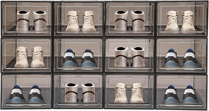 12 Pack Black Brown Shoe Boxs, Acrylic Shoe Storage Box W/ Magnetic Door, Front Door Opening, Stackable Shoe Container, Multifunctional Sneaker Organizer, Acrylic Shoe Display Case 10.63*13.58*7.48in