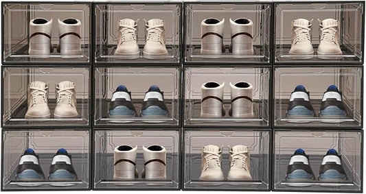 12 Pack Black Brown Shoe Boxs, Acrylic Shoe Storage Box W/ Magnetic Door, Front Door Opening, Stackable Shoe Container, Multifunctional Sneaker Organizer, Acrylic Shoe Display Case 10.63*13.58*7.48in