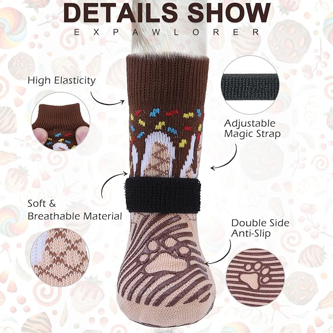 EXPAWLORER Anti Slip Dog Socks - Dog Shoes Paw Protectors with Adjustable Straps for Hot/Cold Pavement, Strong Traction Control with Grippers for Indoor Hardwood Floors