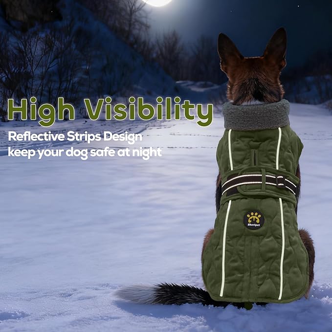 Dog Winter Coat, Adjustable Quilted Dog Snow Jacket with Fleece Lining, Water Resistant Pet Apparel for Cold Weather, Warm Large Doggie Coat with Leash Hole and Reflective Strip, NewGreen L