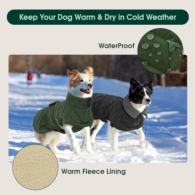 Kuoser Dog Coat, Super-Warm Dog Jacket Windproof Pet Cold Weather Coats for Extra Large Dogs, Fleece Lining Quilted Turtleneck Puppy Snowsuit Reflective Adjustable Doggie Winter Clothes, Grey, 3XL