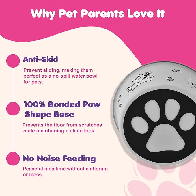 Stainless Steel Dog Bowls | Cat Bowls (Set of 2) - Anti Skid Dog Water Bowl | Cat Water Bowl - Dishwasher Safe - 25oz / 750ml – 15.4 cm (Rhino Gray Playtime Print)