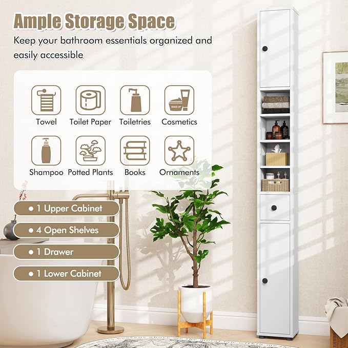 LDAILY 71”Tall Narrow Storage Cabinet, Skinny Bathroom Storage with 1 Drawer, 2 Doors, 5 Adjustable Shelves and Anti-Tipping Device, Wooden Slim Bathroom Cabinet for Office, Kitchen, Small Space