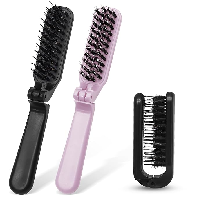 2 Pack Foldable Hair Brush Travel Hairbrush, Boar Bristle Hair Brush Portable Collapsible Pocket Comb for Women and Men, Suitable for Travel, Purse, Anti-Static Design (Black & Light Pink)