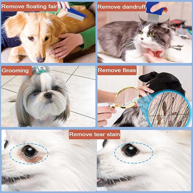Pet Grooming Comb Kit, Tear Stain Remover Brush, Undercoat Rake for Dogs & Cats, Dematting Tool for Long Haired Dogs Kittens Puppies, Flea Comb for Removal Dandruff Tangles Knots, Shedding Hair & Fur