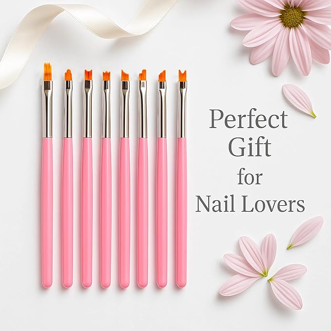8PCS Nail Art Brushes Set, Flat and Angled Painting Brushes for Acrylic Nail Art Design, Gel Polish Application, Petal and Flower Pattern Drawing Tools for Beginners and Professionals