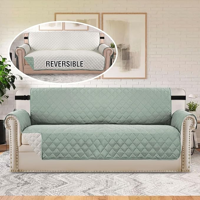 H.VERSAILTEX Reversible Couch Covers for 3 Cushion Couch Water Repellent Couch Cover for Sofa Dog Couch Cover Protector Non Slip Furniture Protector with Elastic Strap(Sofa, Desert Sage/Beige)