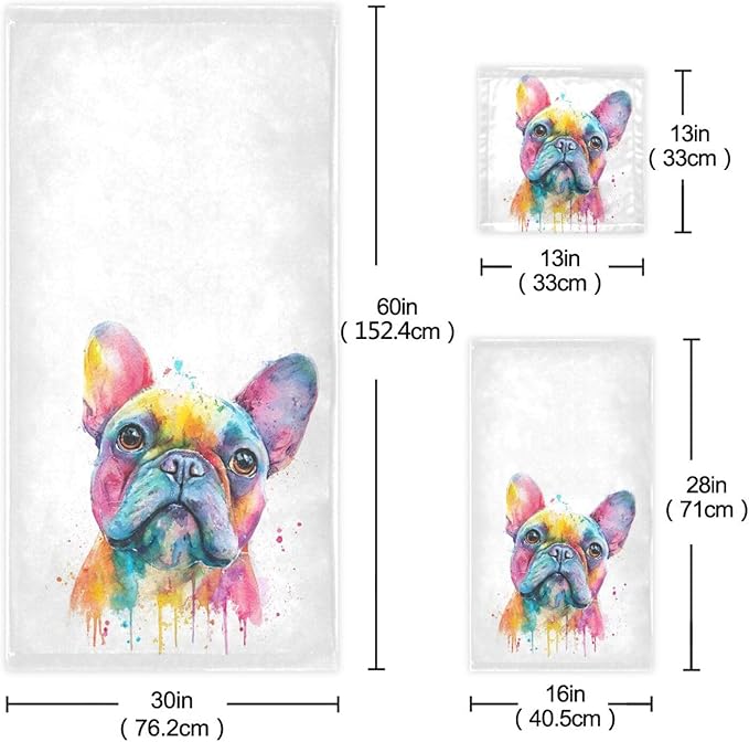 Pfrewn French Bulldog Puppy Towels Set of 3 Watercolor Dog Colorful Art Bathroom Towel Soft Absorbent Bath Hand Towels Washcloth Guest Towel Sets Bathroom Decorations