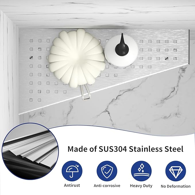 Corner Shower Shelf, 12" Trapezoid Grout in Shelf, 304 Stainless Steel Grid Design Recessed Bathroom Shelf for Tiled Wall