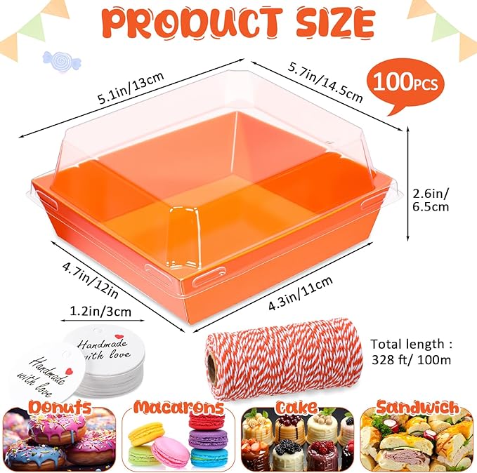 Outus 100 Pack Charcuterie Boxes with Clear Lids, 5.7 x 5.1 '', Mother 's Day Back to School Paper Food Containers Cake Take out Bakery Boxes with Gift Tags Rope for Desserts(Orange,Classic)