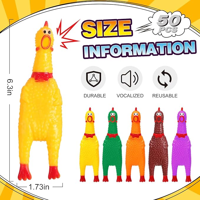 Honoson 50 Pcs Rubber Chickens Squeak Screaming Chicken Novelty Bulk Dog Toys for Pets Dogs Adults, 6.3 Inch(Mix Color)