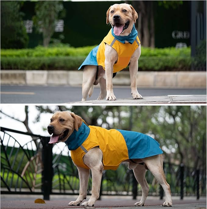Dog Winter Coat, X-Small, Blue+Yellow, Waterproof, High-Collar, Reflective Strip, Leash Hole, Polyester