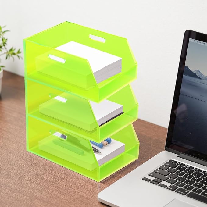 Gelite Stackable Storage Bins Open Front Organizer Bins with Handles Acrylic Storage Container for Pantry Kitchen Cabinet Bathroom Closet Office Organization, 11.4x7.5x5.1'', Neon Green