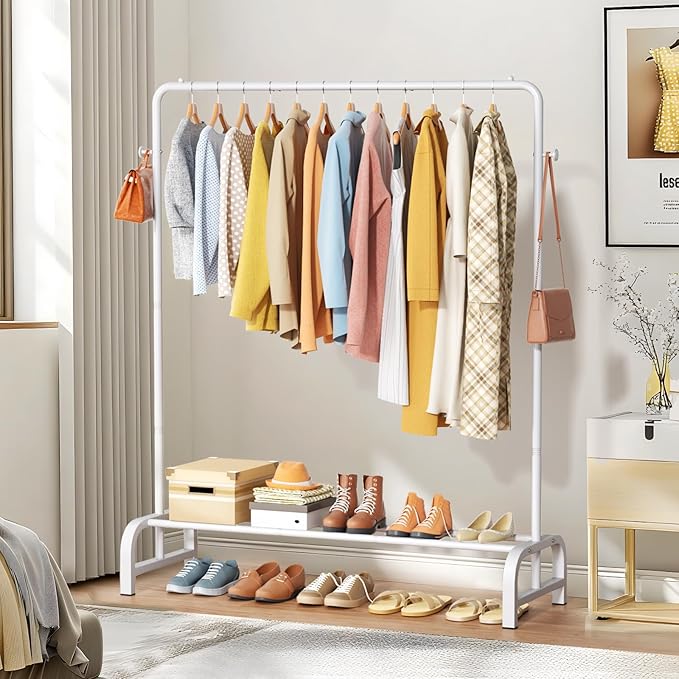 Clothes Rack With Storage Shelves and Coat/Hat Hook, Metal Clothing Rack for Hanging Clothes, Garment Rack for Bedroom, Laundry, Living Room, White